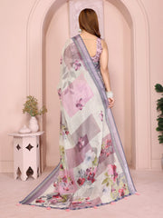 Back view of Off White Floral Print Saree in Linen Cotton showing blouse back and pallu drape