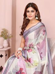 Close-up portrait showing Digital Floral Print and contrast border detail on Off White Linen Cotton Saree
