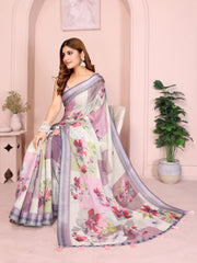 Off White Linen Cotton Saree with Digital Floral Print draped elegantly, seated pose with pallu spread