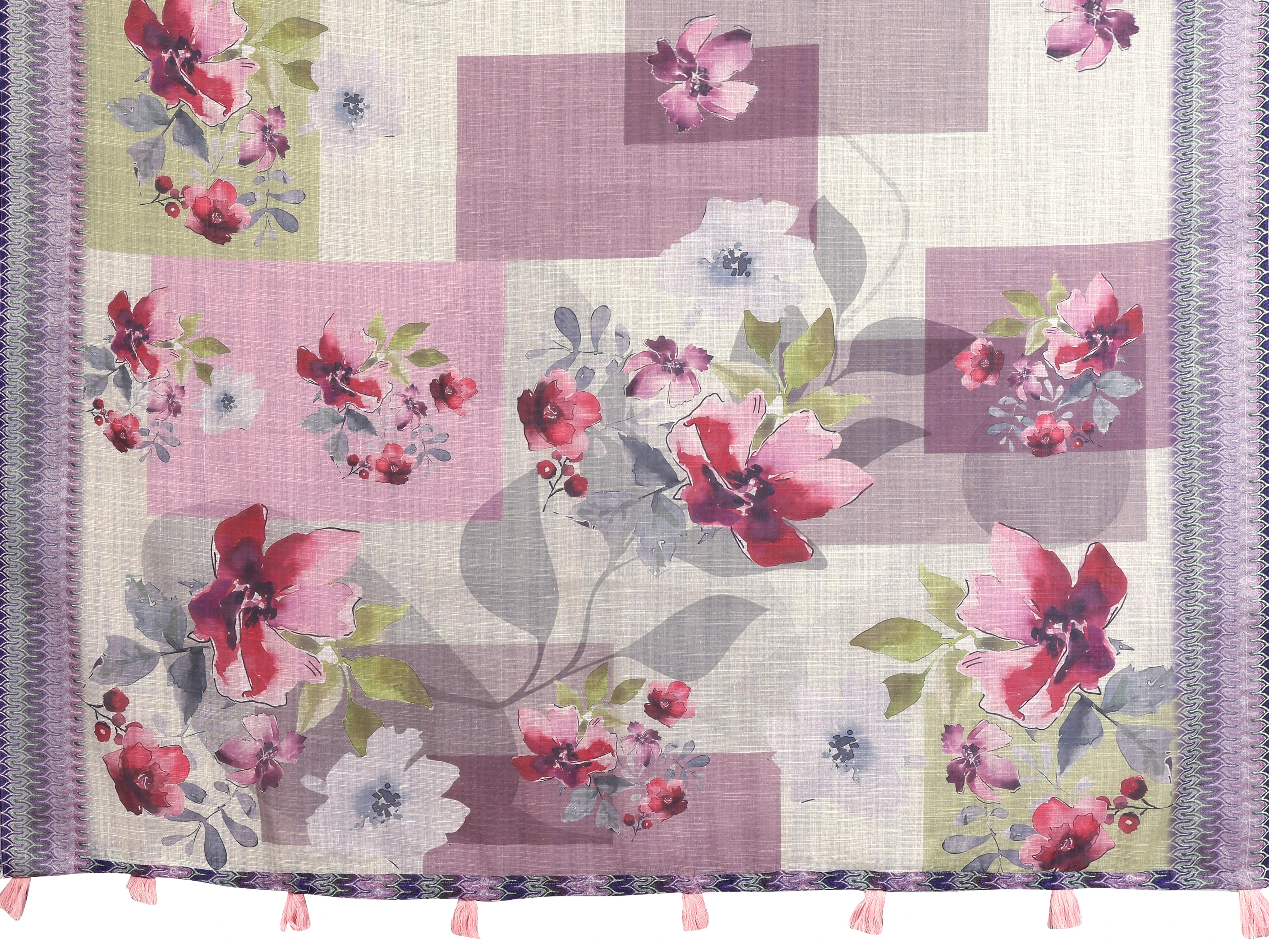 Flat lay of Off White Digital Floral Print Linen Cotton Saree showing full fabric, floral print, and contrast border with pink tassels