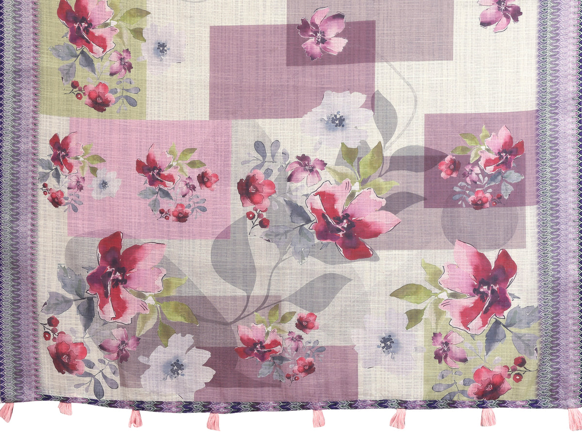 Flat lay of Off White Digital Floral Print Linen Cotton Saree showing full fabric, floral print, and contrast border with pink tassels