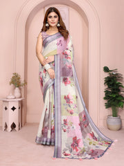 Off White Digital Floral Print Saree in Linen Cotton – full front view with vibrant floral blooms and contrast border