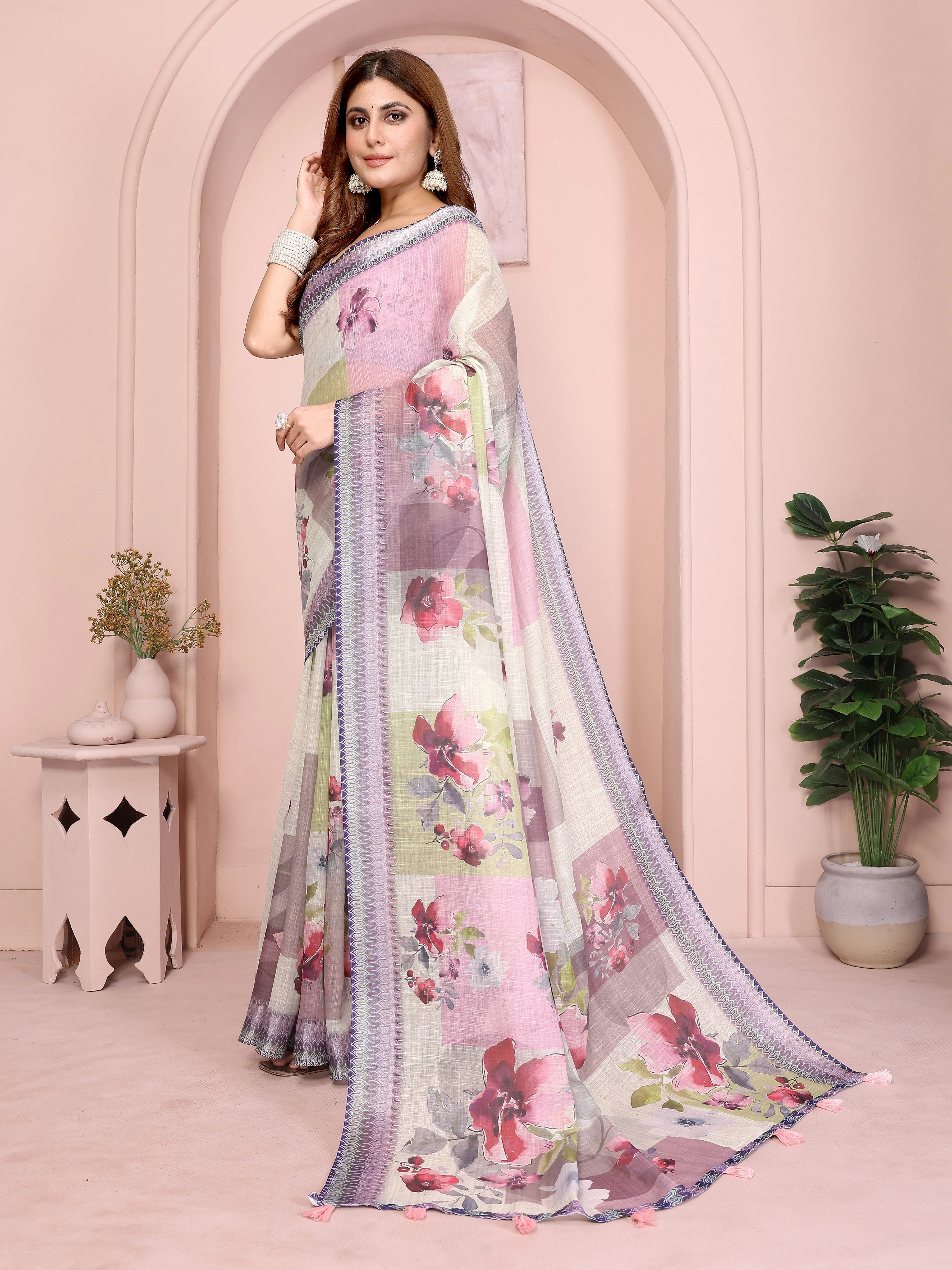 Side view of Off White Digital Floral Print Linen Cotton Saree showing border and fall details