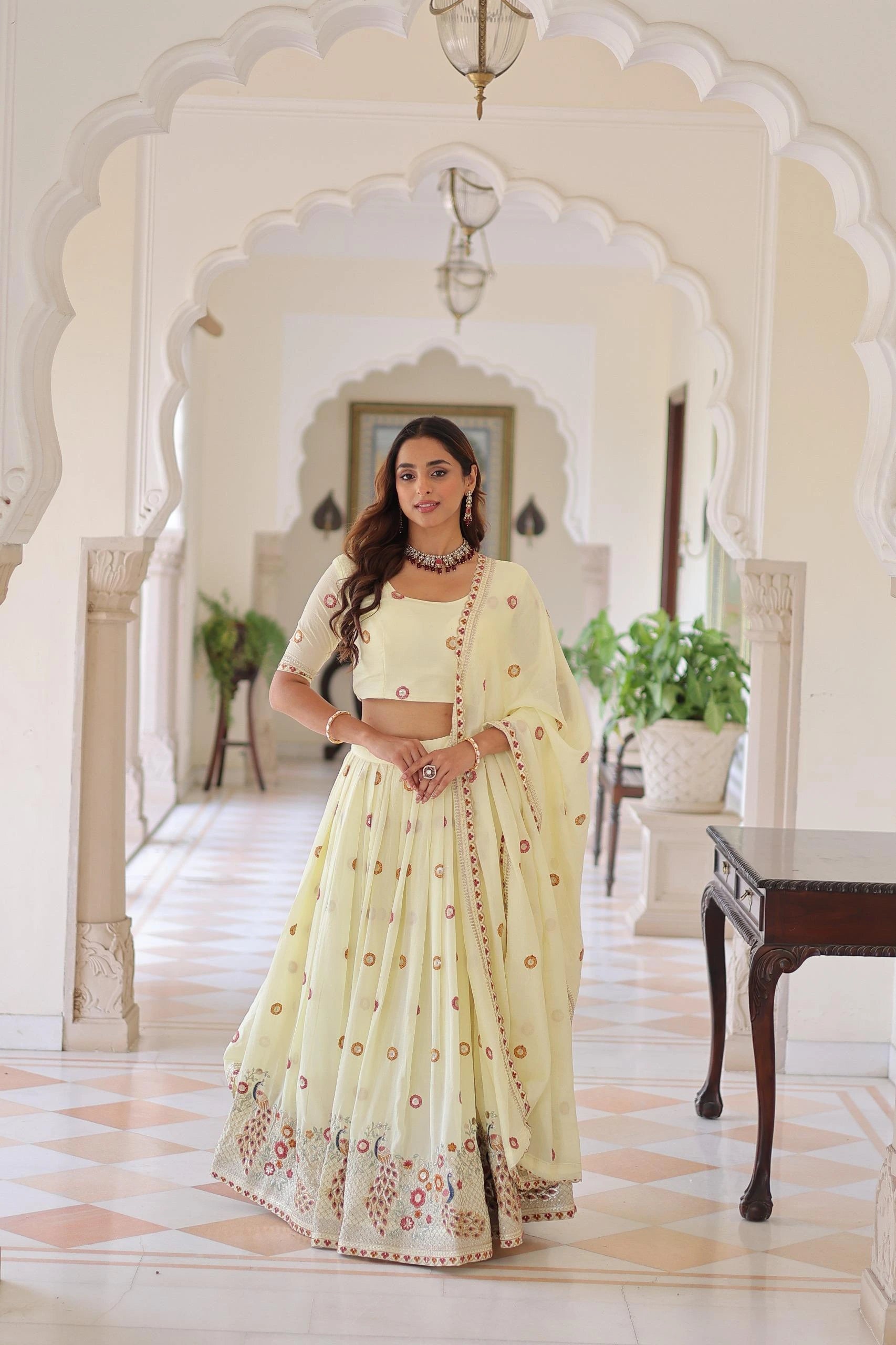 Off-White Thread Embroidered with Sequins Zari Work Vichitra Silk Lehenga