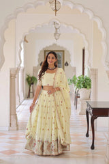 Off-White Thread Embroidered with Sequins Zari Work Vichitra Silk Lehenga