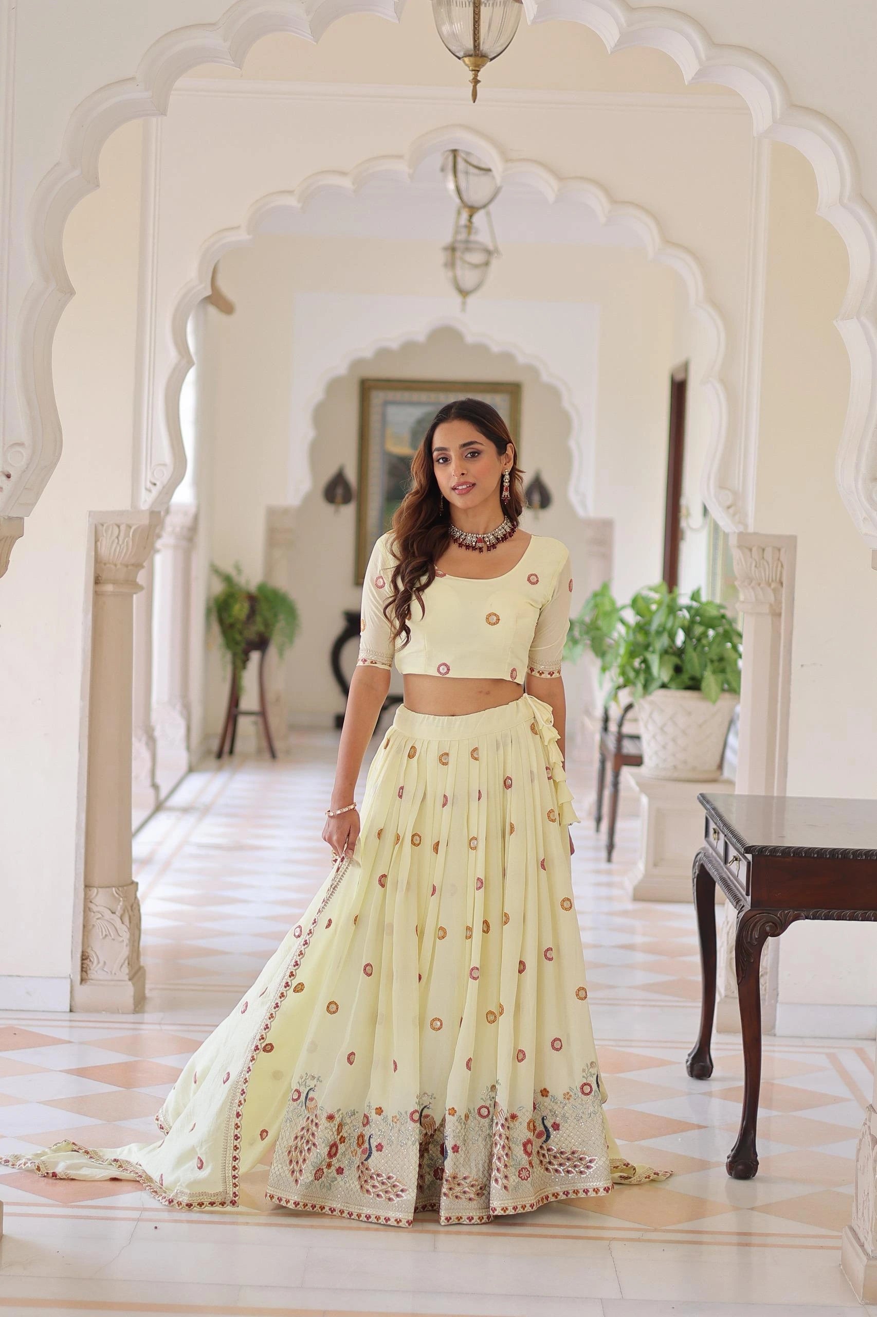 Off-White Thread Embroidered with Sequins Zari Work Vichitra Silk Lehenga