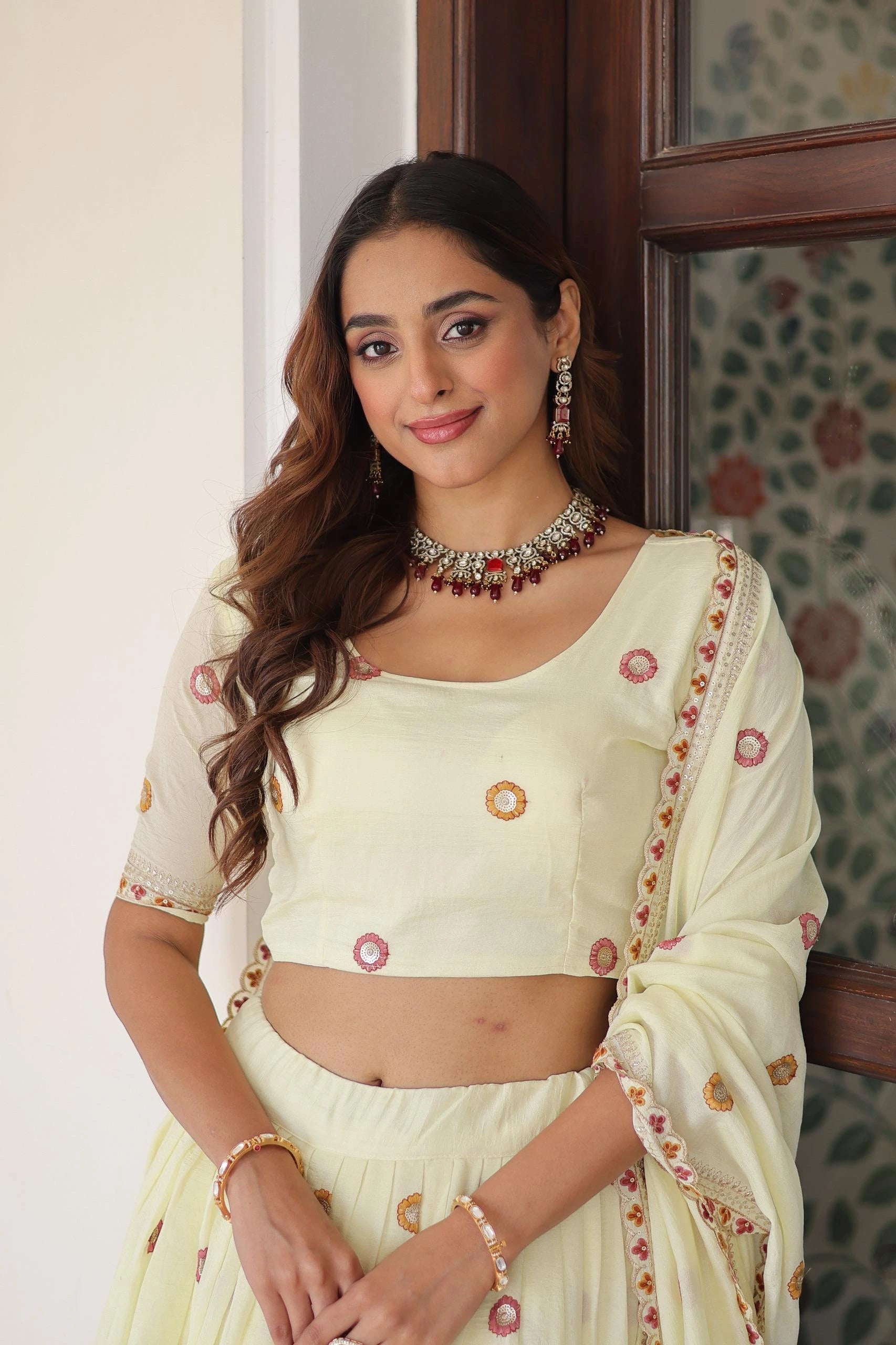 Off-White Thread Embroidered with Sequins Zari Work Vichitra Silk Lehenga