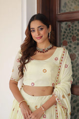 Off-White Thread Embroidered with Sequins Zari Work Vichitra Silk Lehenga