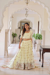 Off-White Thread Embroidered with Sequins Zari Work Vichitra Silk Lehenga