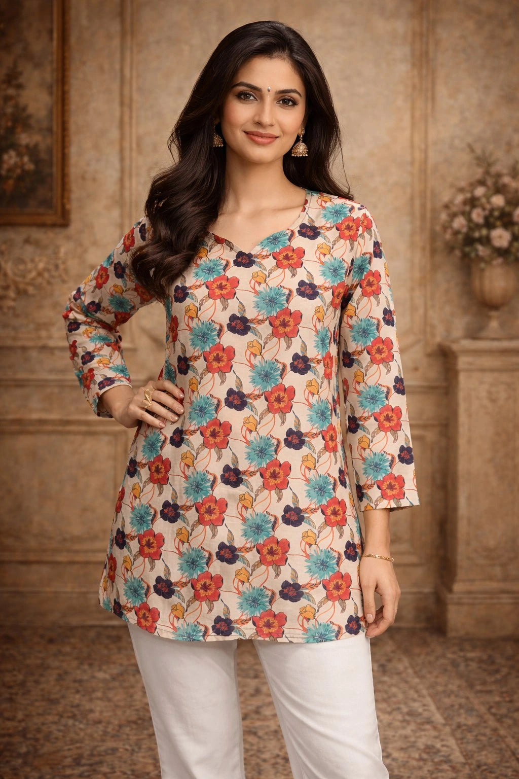 Woman wearing a floral top with a neutral background