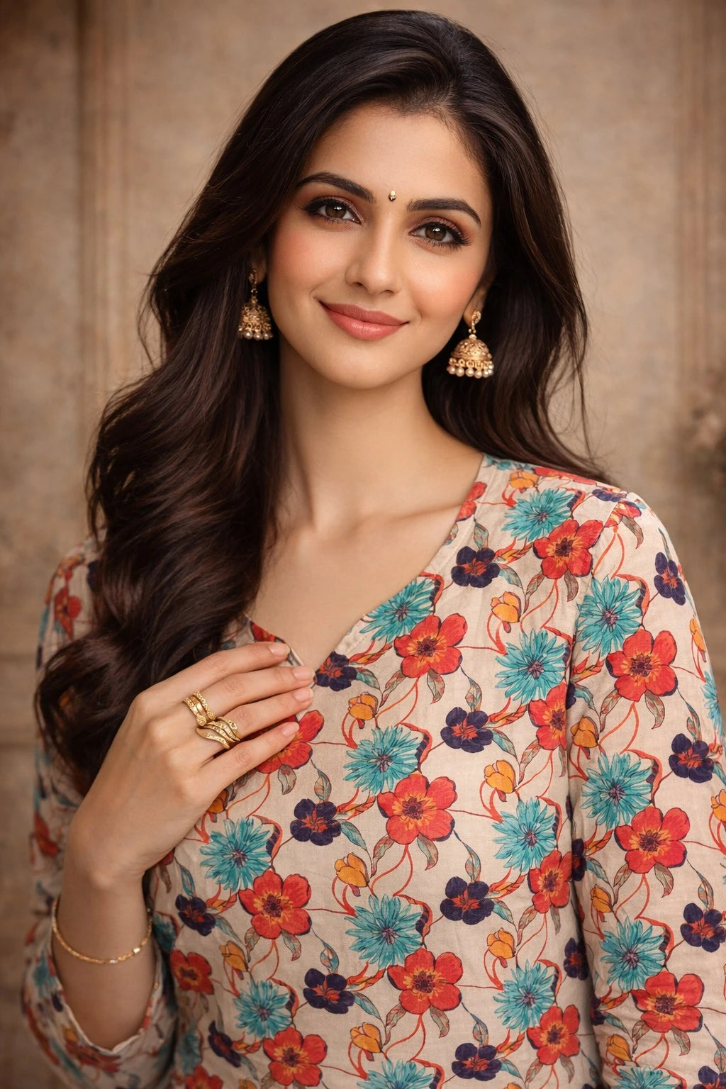 Woman wearing a floral blouse with a neutral background