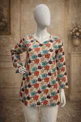 Mannequin wearing a floral blouse with a vintage-style background