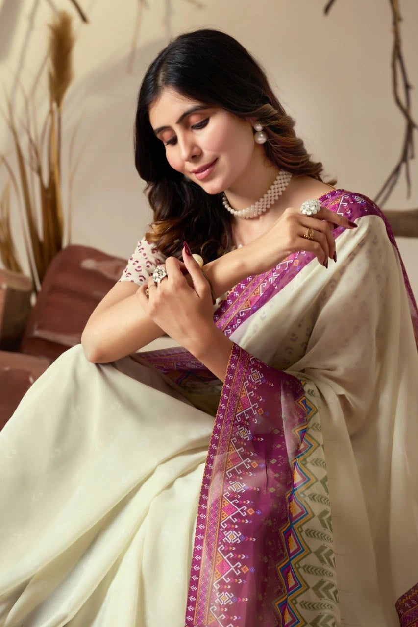 Woman in a traditional outfit with a pink and white patterned shawl, sitting on a couch.