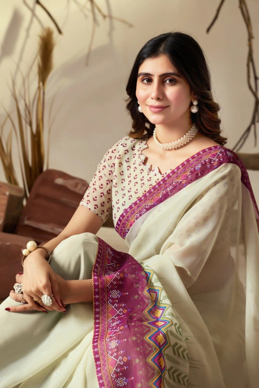 Woman in a white saree with purple border sitting indoors.