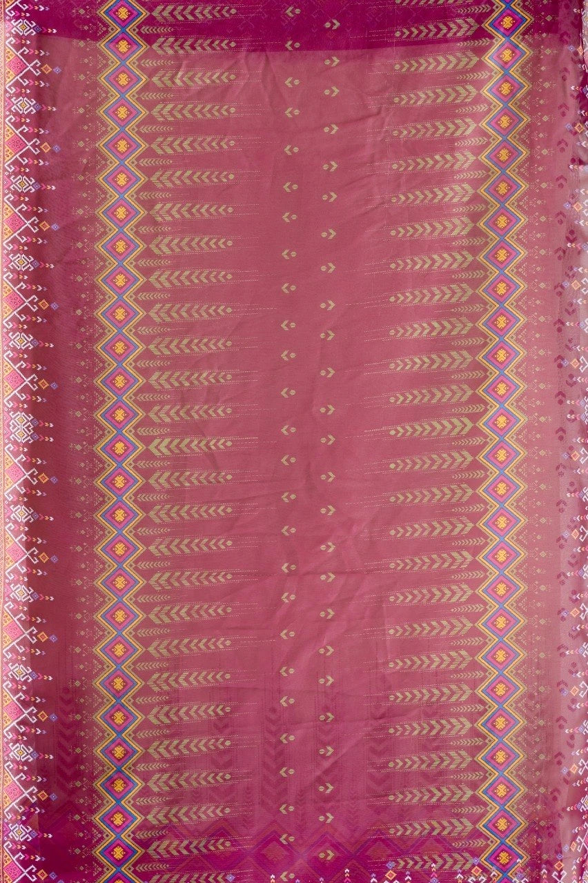 Traditional patterned fabric with a pink and purple border