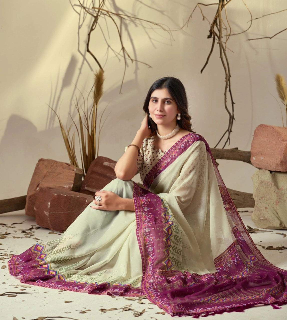 Woman in a traditional saree sitting outdoors with natural elements in the background