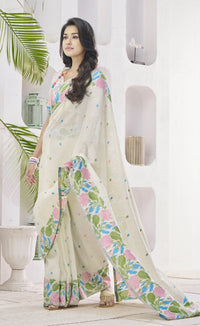 Off White Floral Print Linen Silk Saree