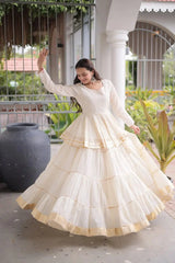Traditional Indian Ivory White Lehenga Choli featuring Elegant Flared Skirt, Full Sleeves, and Rich Gota Lace Work