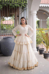 Designer Cream White Layered Lehenga Set with Golden Gota Patti Border, Full Sleeve Blouse, and Grand Traditional Appeal