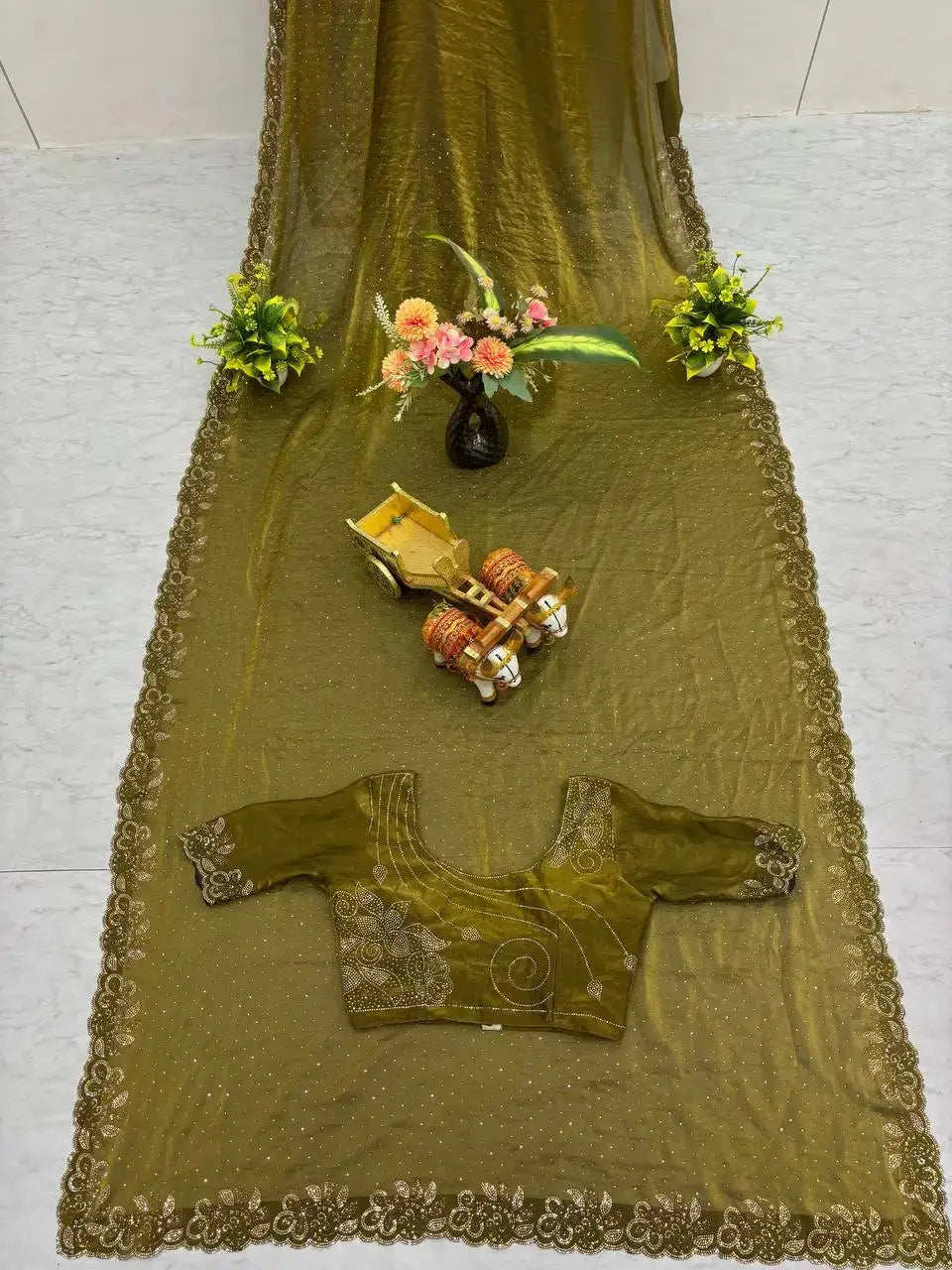 Olive Green Diamond Work Saree flat lay top view with blouse and border detail