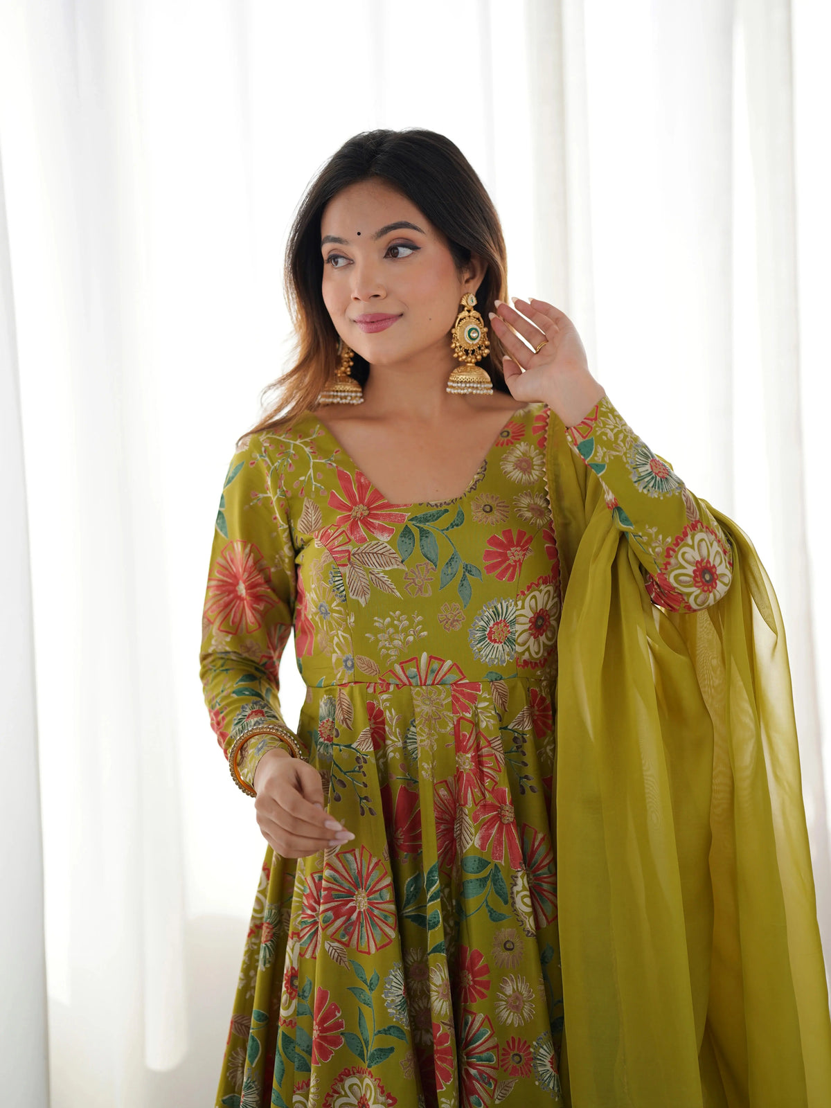 Close-up of Olive Green Discharge Print Suit neckline and print
