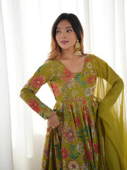 Close-up of Olive Green Discharge Print Suit sleeve and bodice