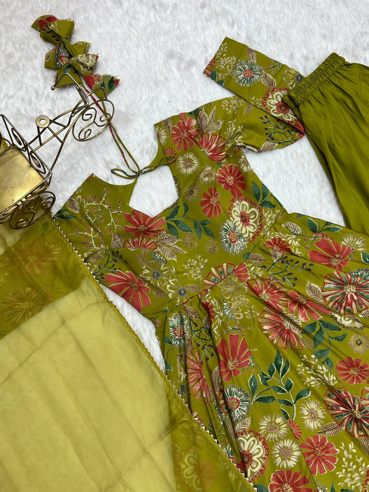 Olive Green Discharge Print Suit flat lay showing print detail