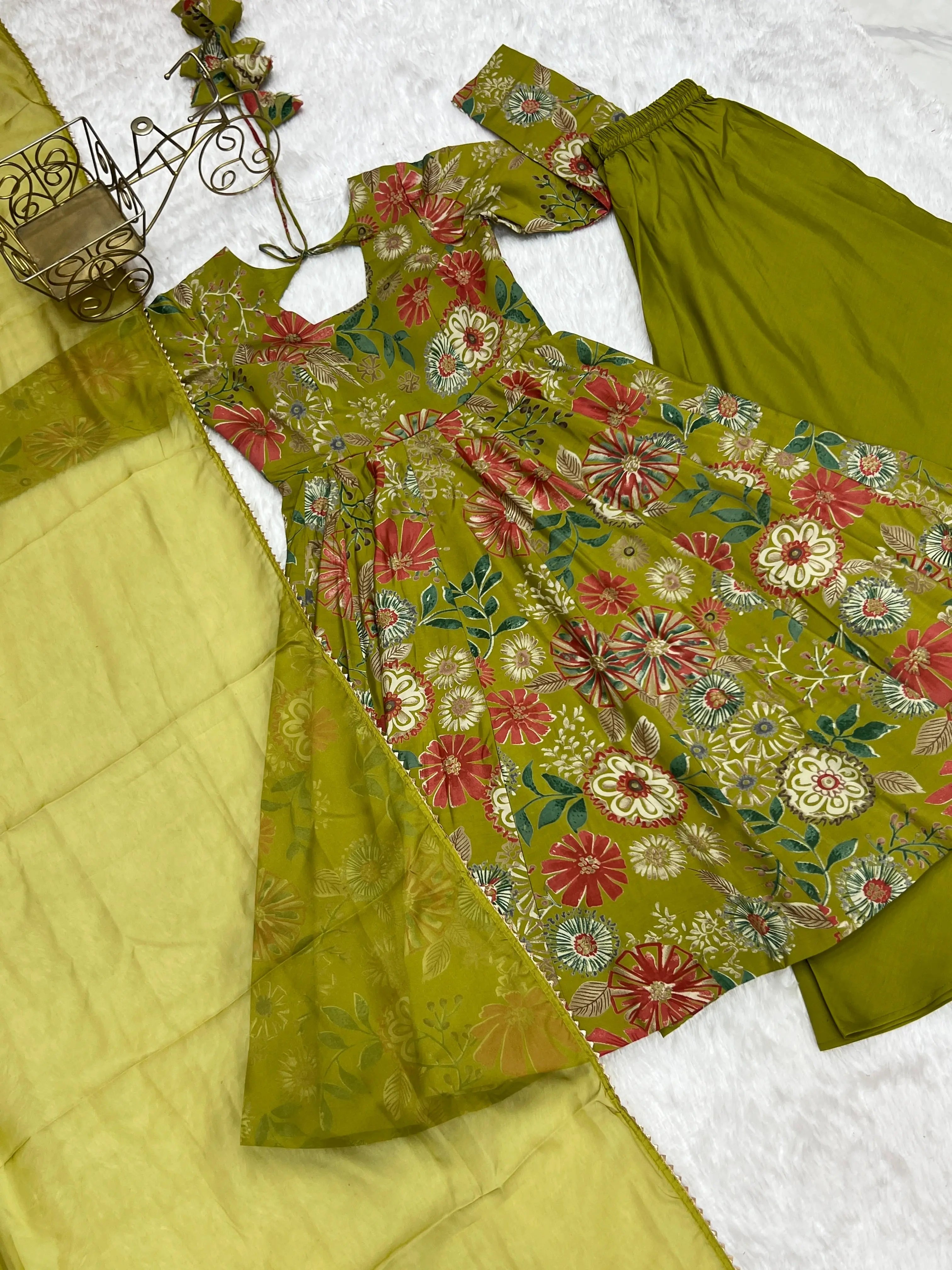 Olive Green Discharge Print Suit flat lay, full set overview