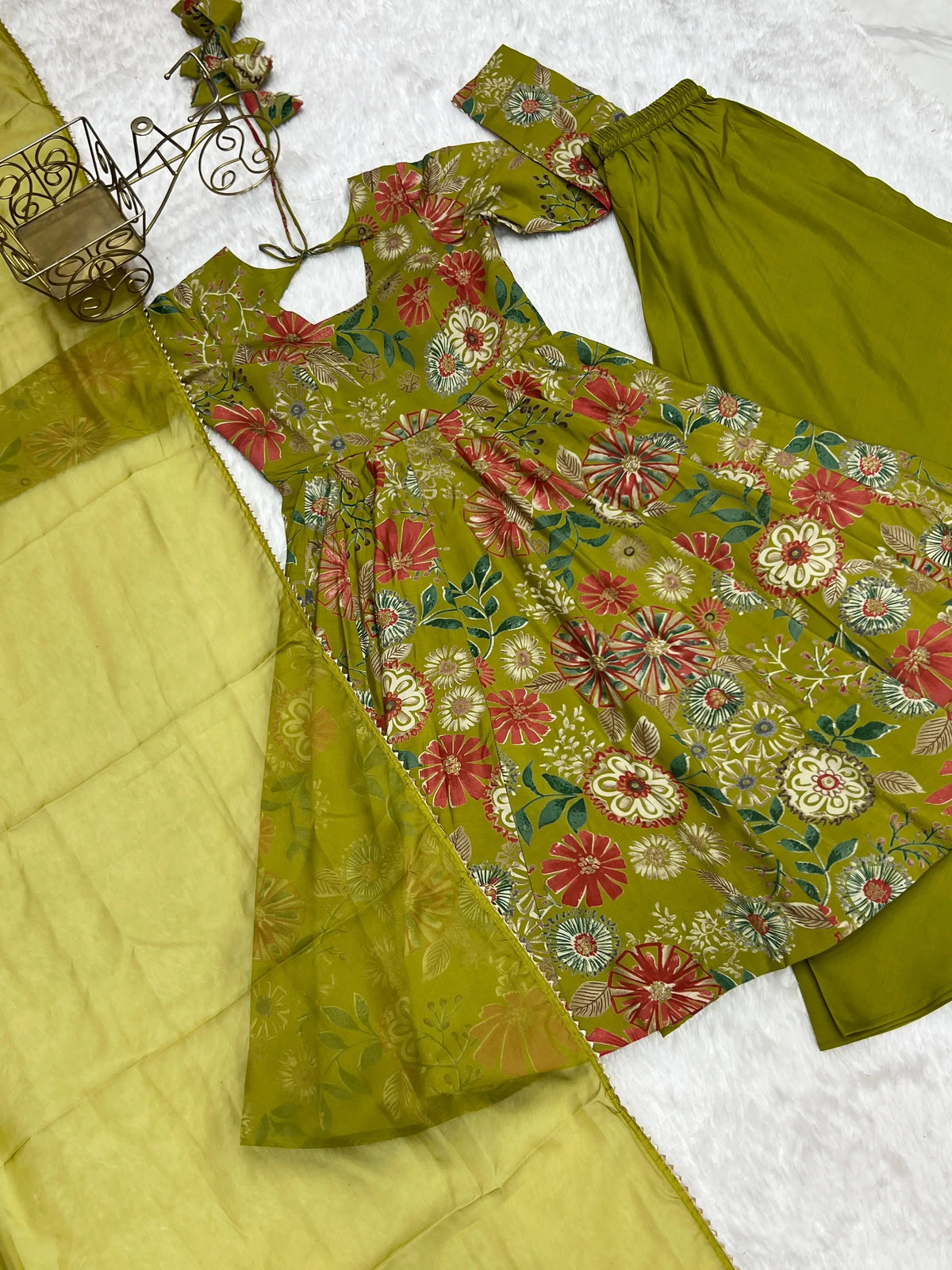 Olive Green Discharge Print Suit flat lay, full set overview