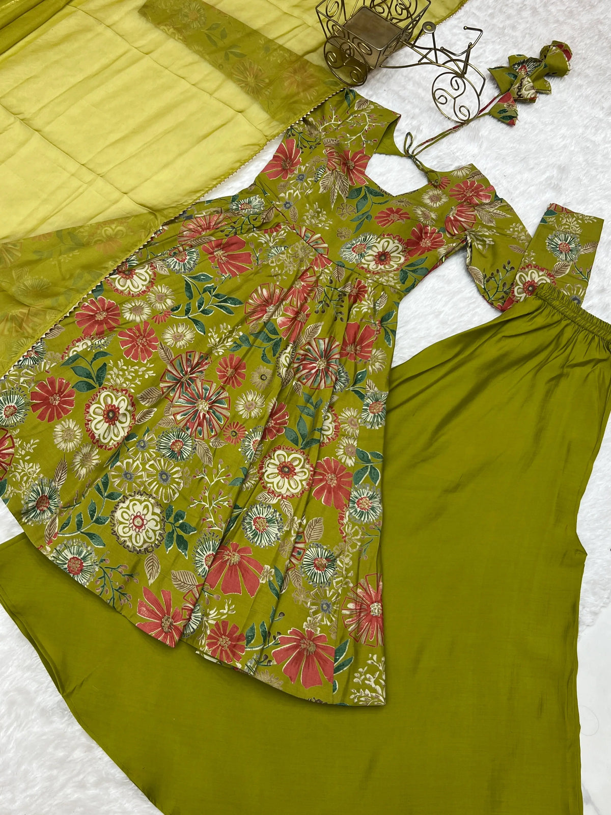 Olive Green Discharge Print Suit flat lay close-up of kurta and palazzo