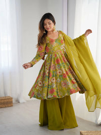 Olive Green Discharge Print Suit – Palazzo Set, Casual Festive Wear
