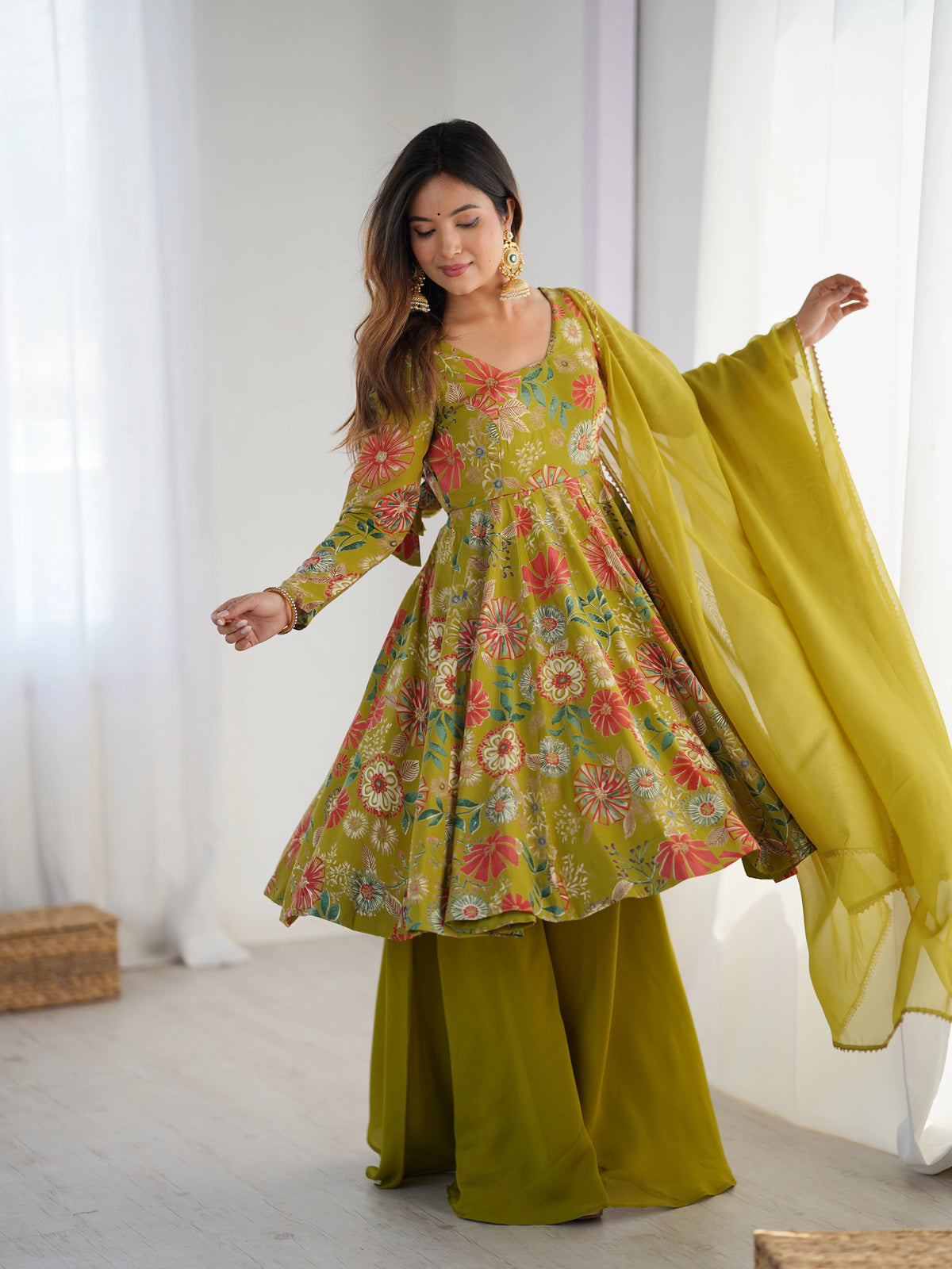 Olive Green Discharge Print Suit, front view with palazzo