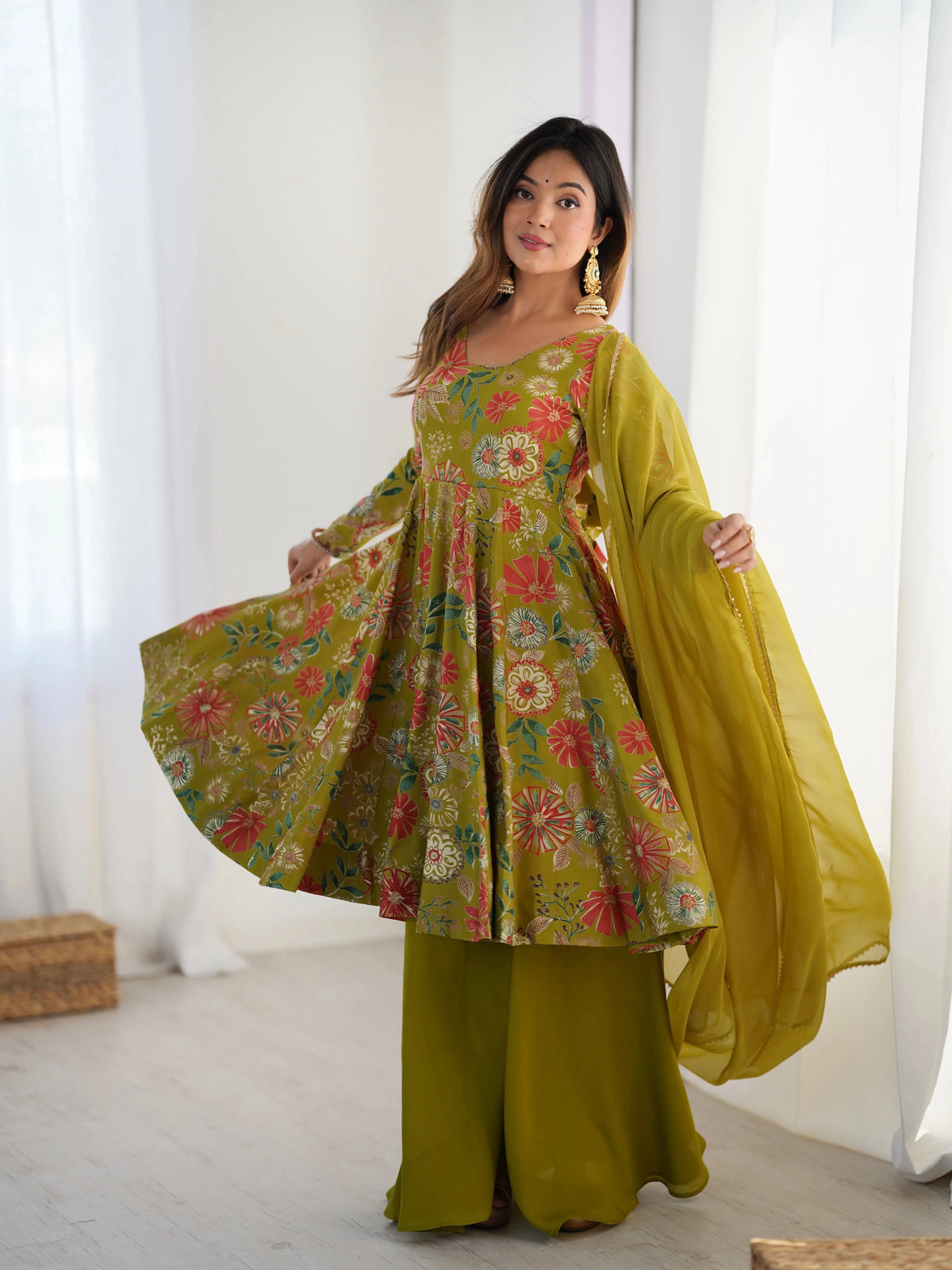 Olive Green Discharge Print Suit, front view showing floral print