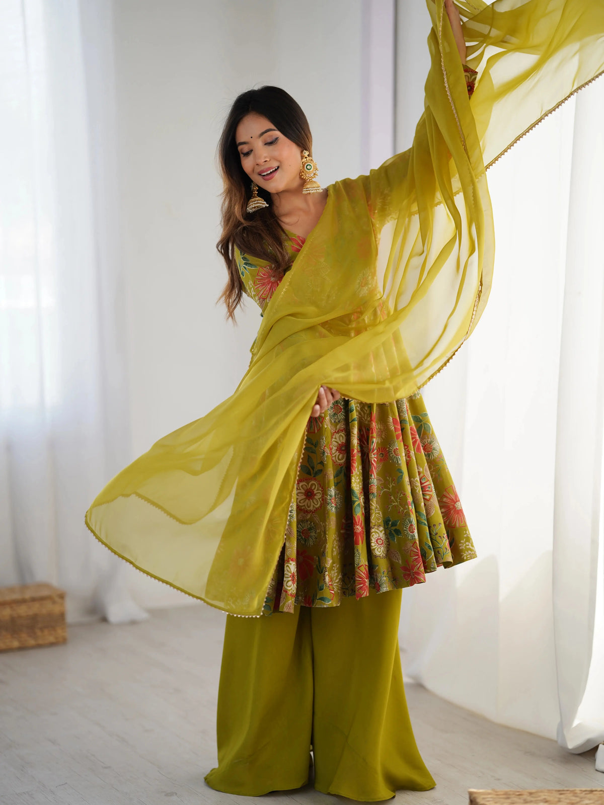 Olive Green Discharge Print Suit, model with dupatta draped