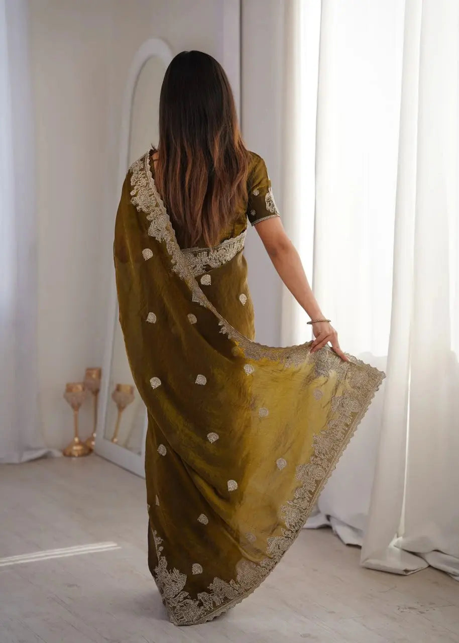 Olive Green Zari Embroidered Saree back view showing pallu drape