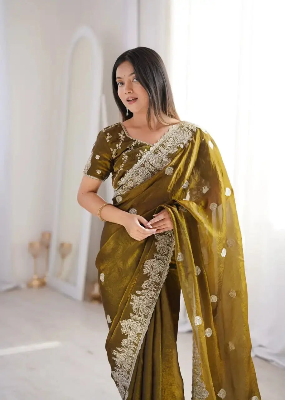 Close-up of Olive Green Zari Embroidered Saree blouse and pallu detail