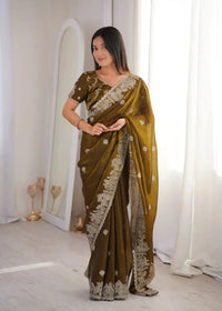 Olive Green Zari Embroidered Saree – Hotfix Border Work