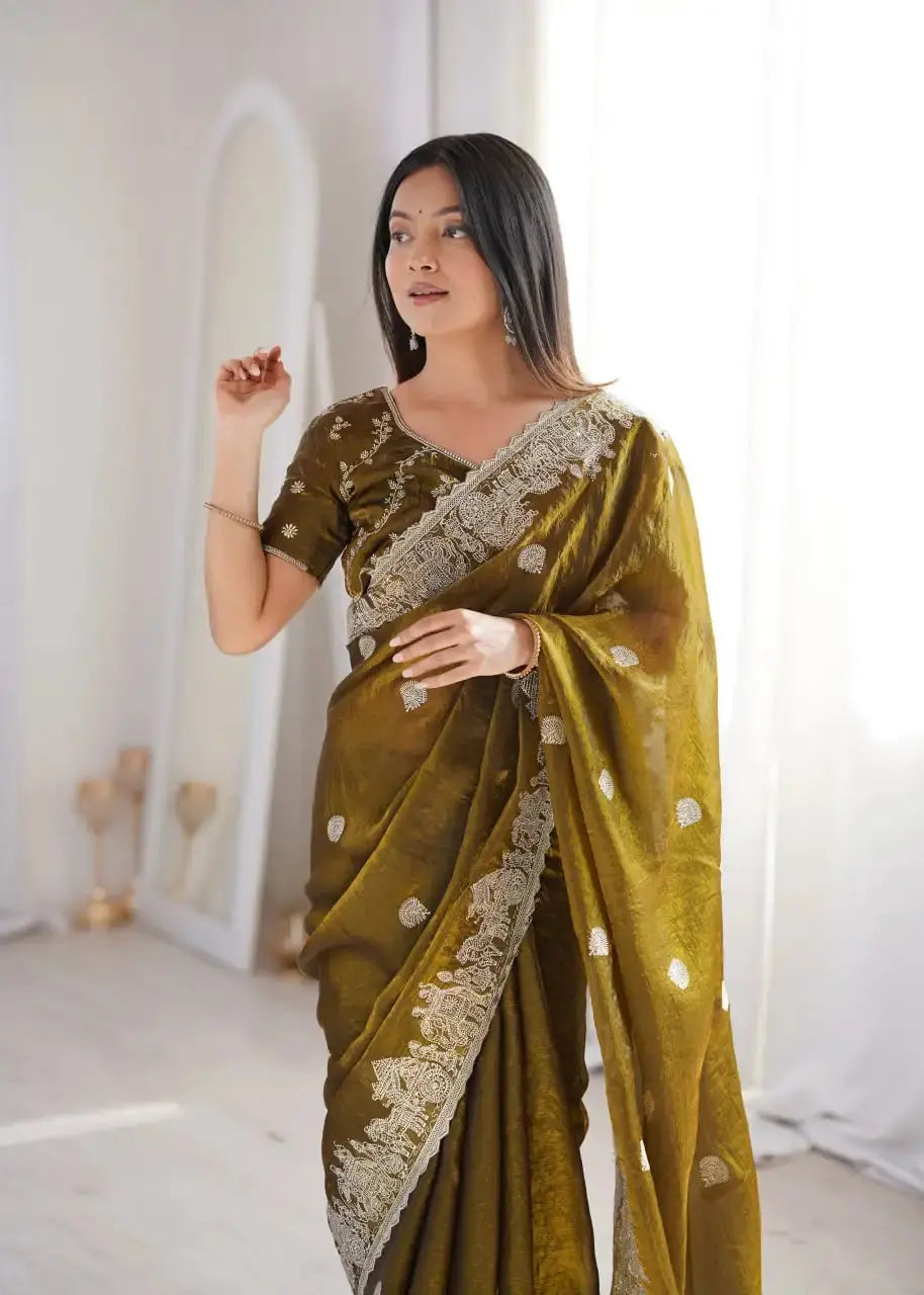 Olive Green Zari Embroidered Saree portrait view looking away