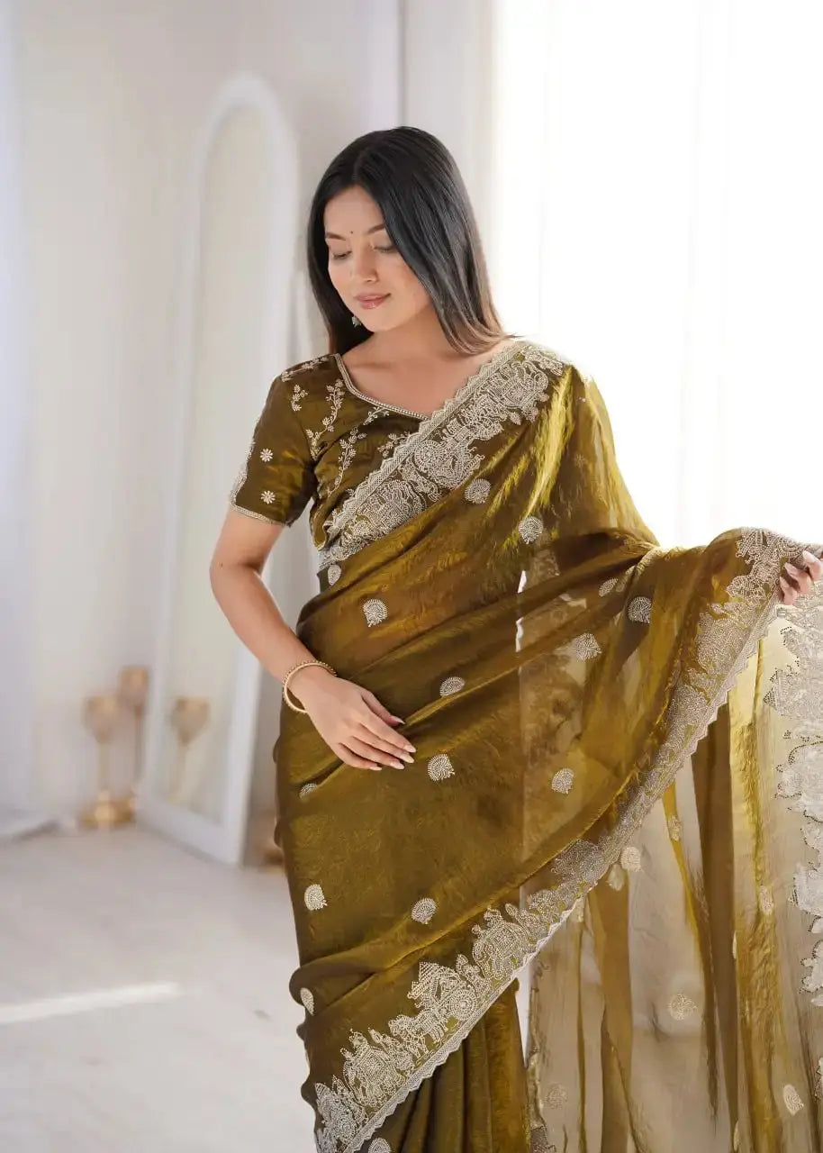 Olive Green Zari Embroidered Saree portrait leaning view
