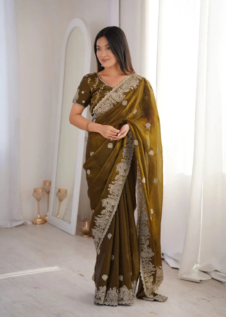 Olive Green Zari Embroidered Saree portrait smiling view