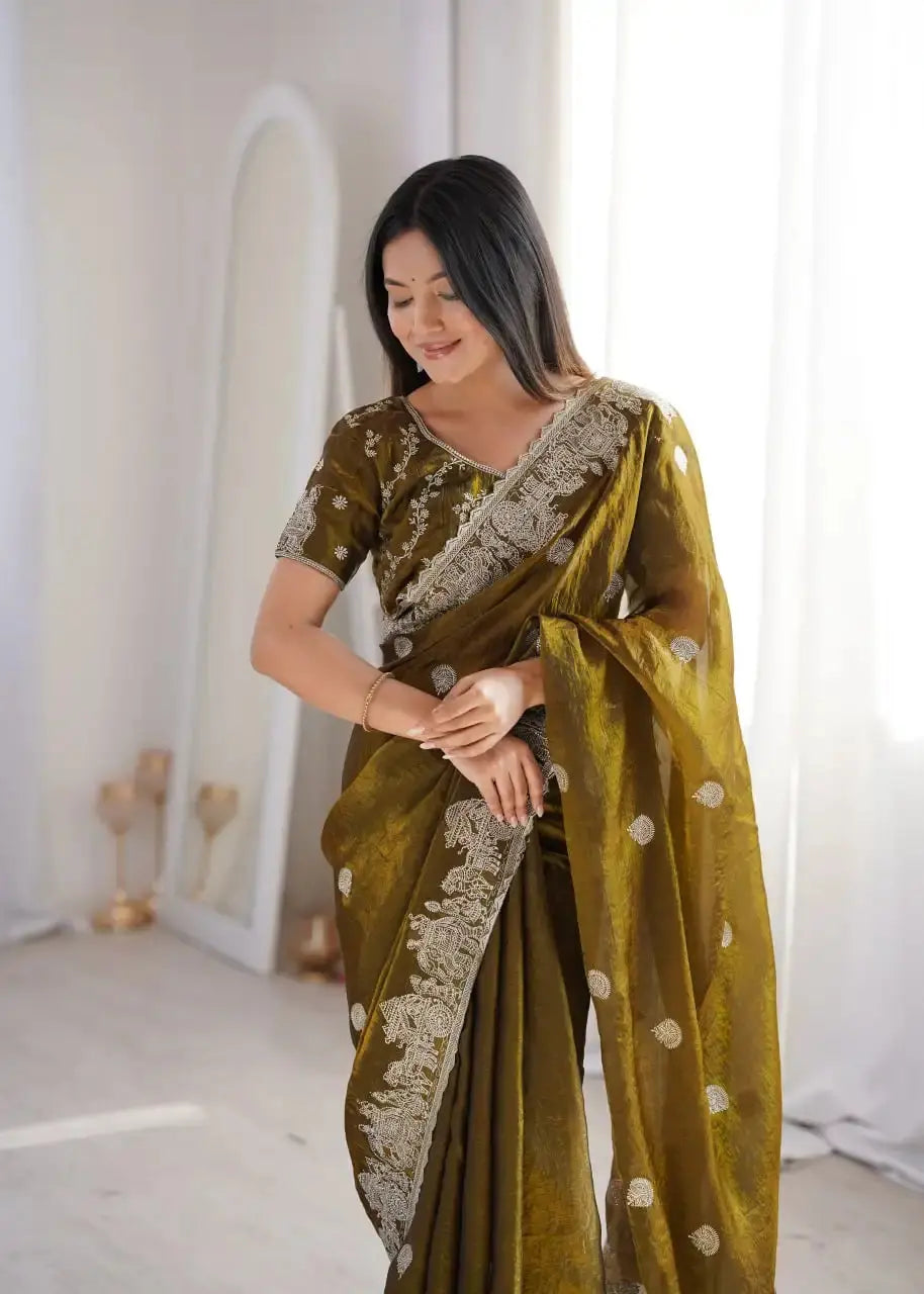 Olive Green Zari Embroidered Saree portrait looking down close-up