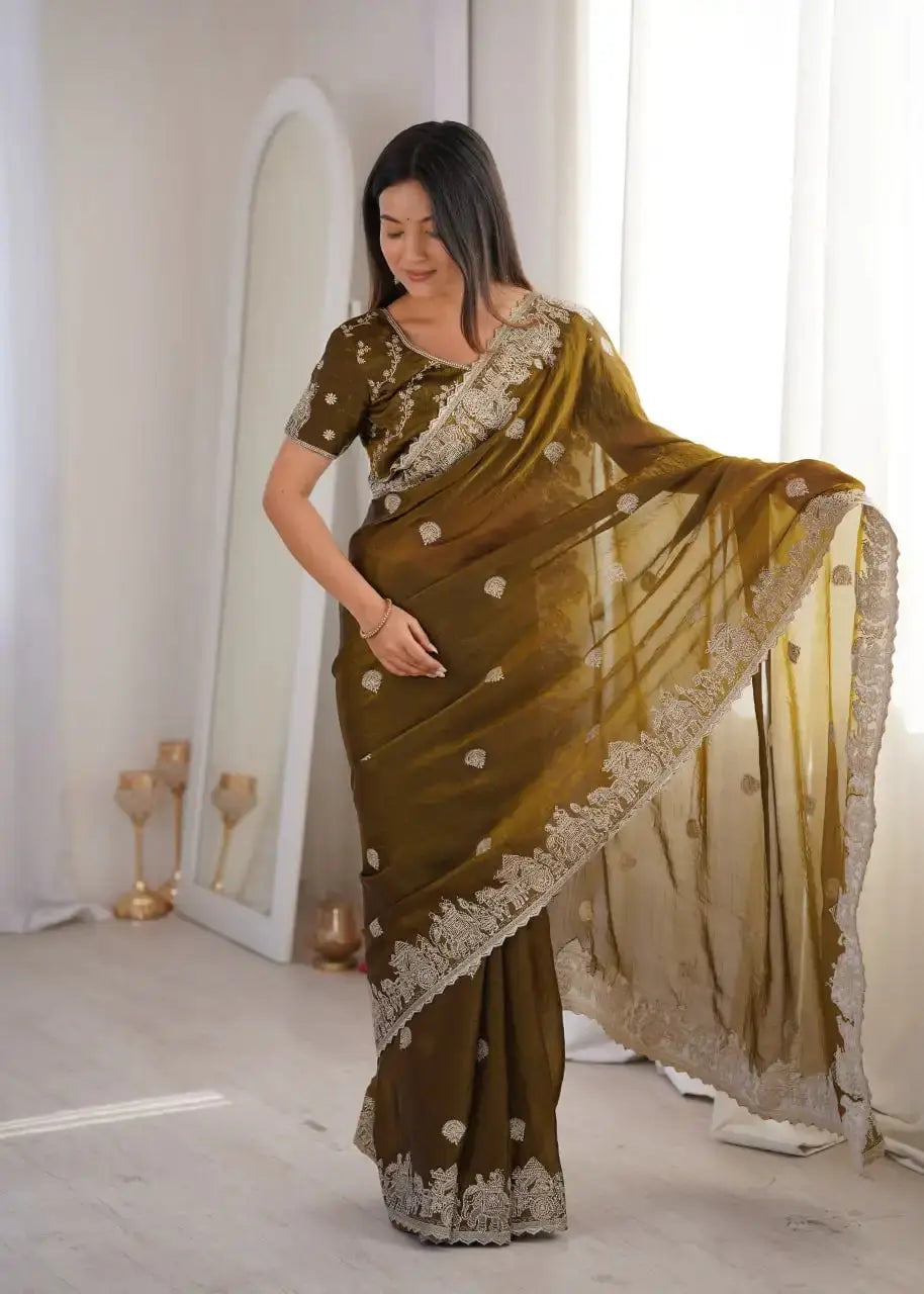 Olive Green Zari Embroidered Saree portrait front facing camera