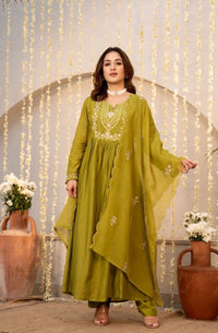 Olive Green Chanderi Silk Kurti