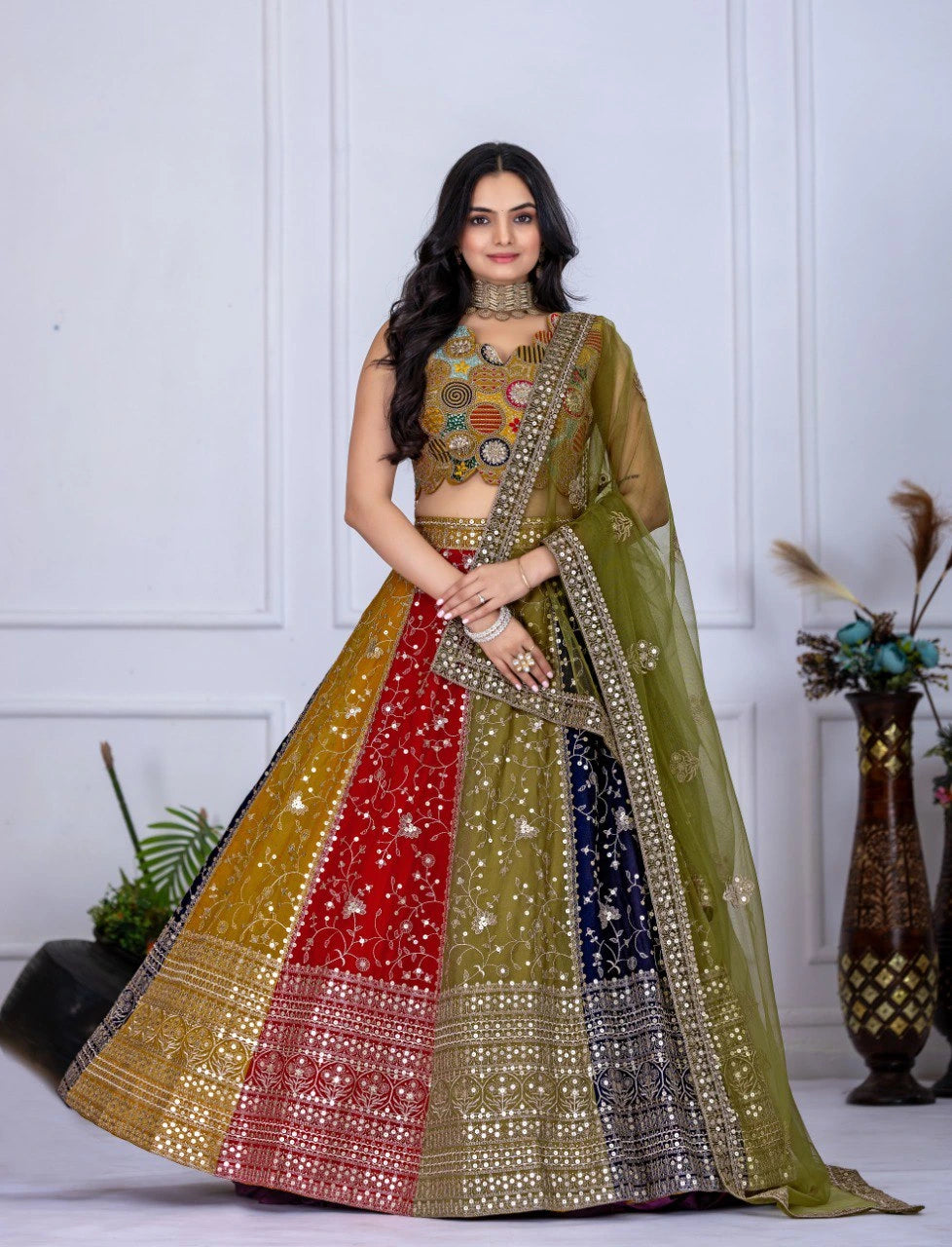 Olive Green Embroidered With Thread Sequins Work Star Faux Georgette Lehenga