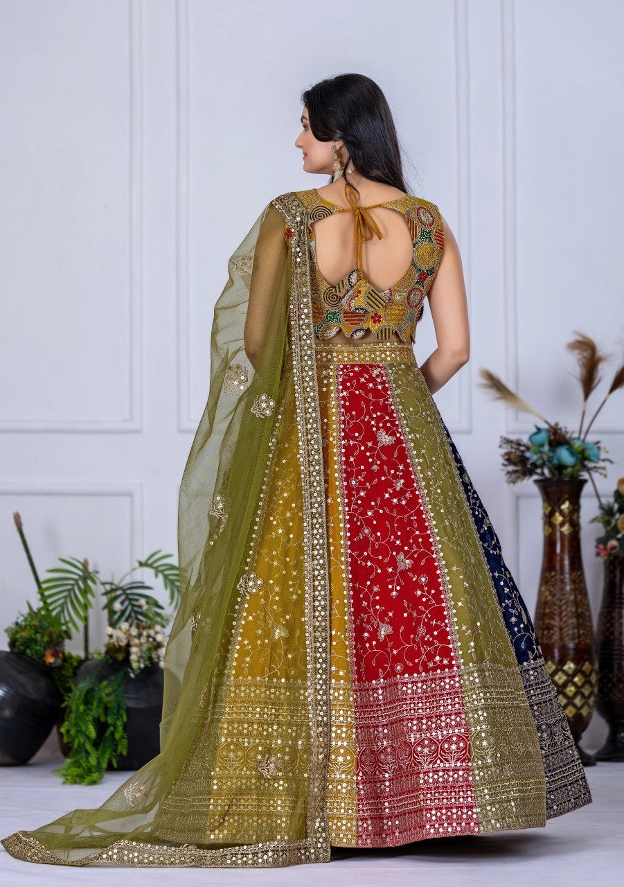 olive green embroidered with thread sequins work star faux georgette lehenga
