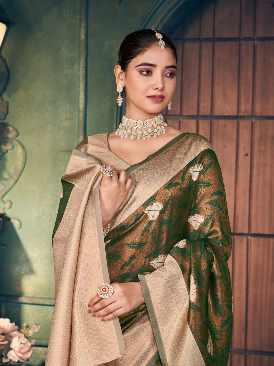Woman wearing a traditional saree with jewelry in an indoor setting