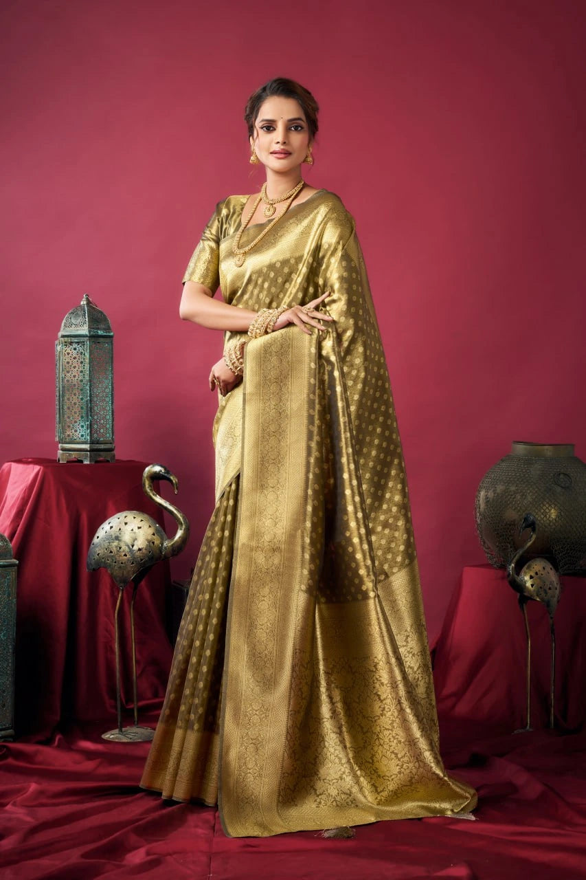 Woman in a gold saree standing against a red background with decorative elements.