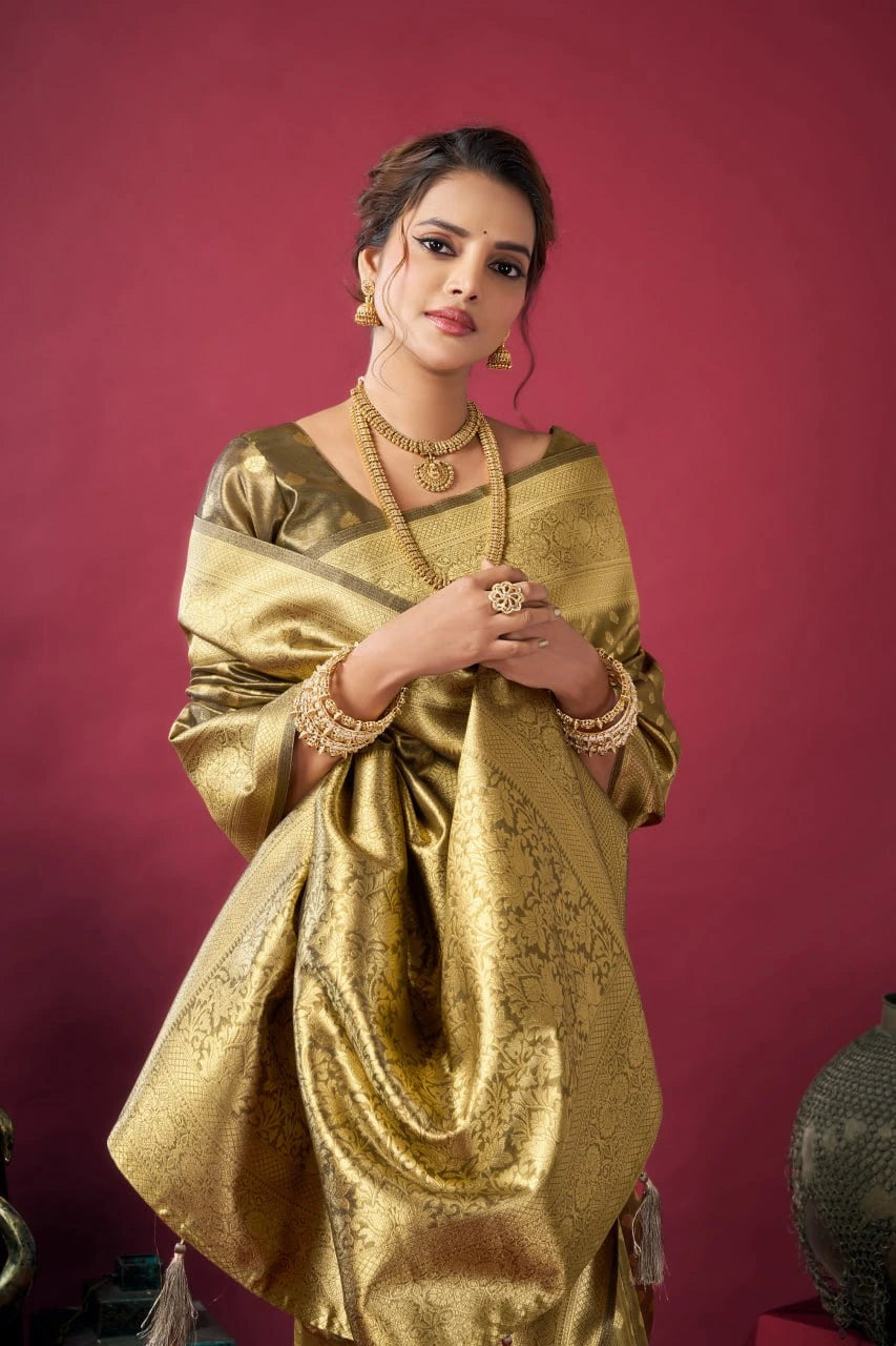 Woman wearing a gold traditional outfit against a pink background