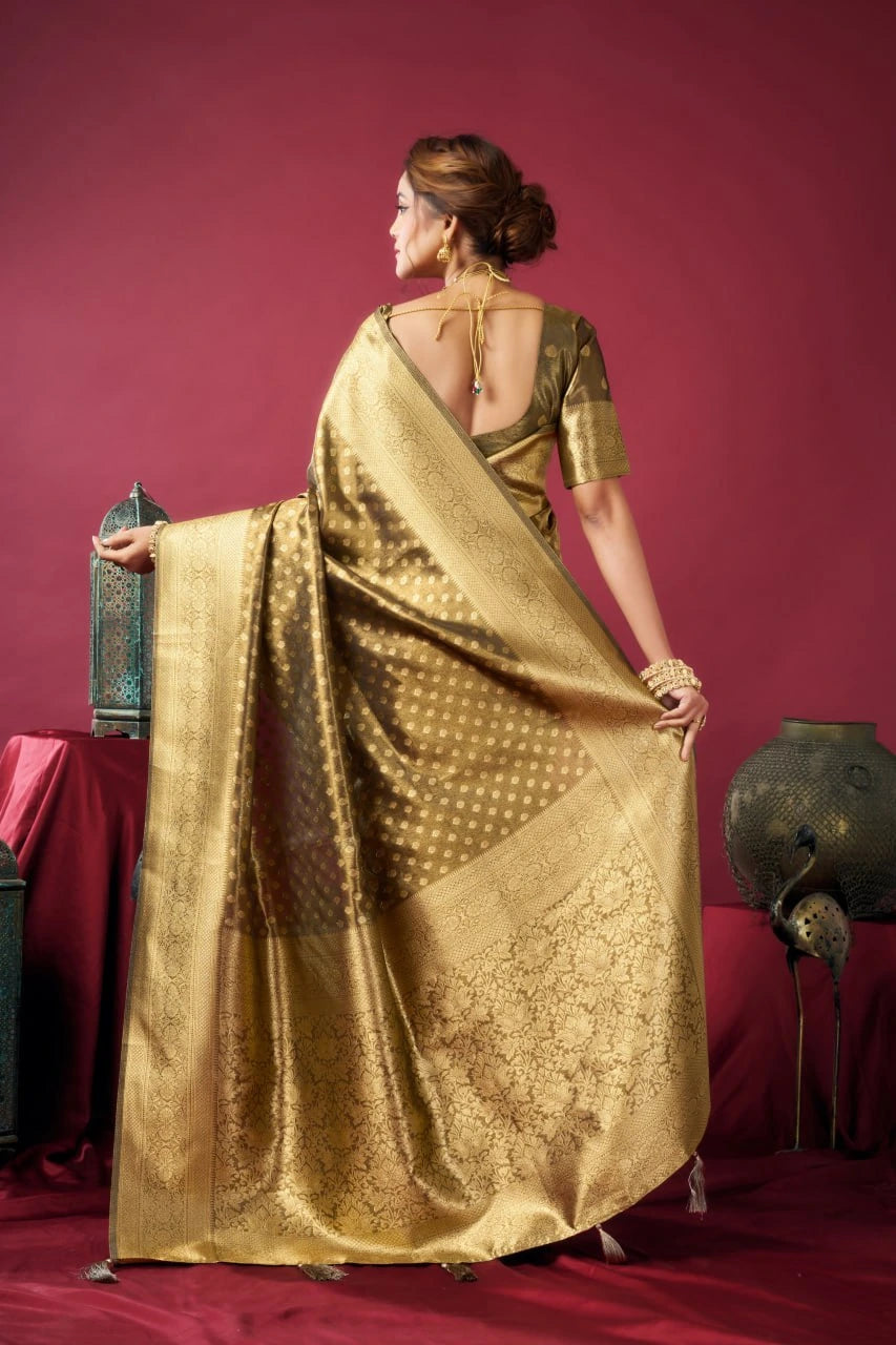 Woman in a gold saree against a red background