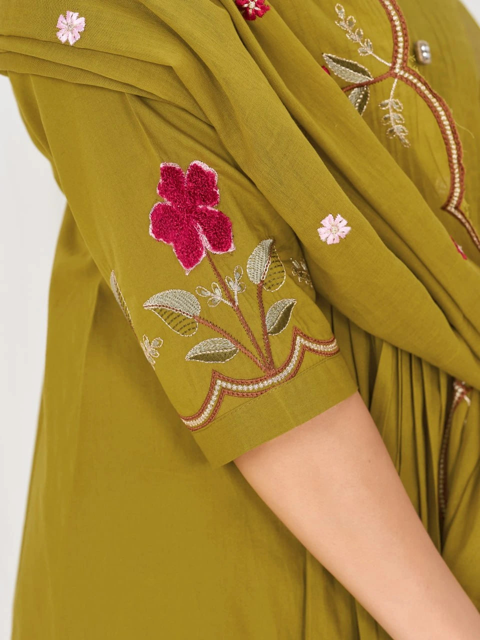 Stylish green ethnic ensemble adorned with colorful floral embroidery, perfect for festive celebrations, family gatherings, and special occasions.
